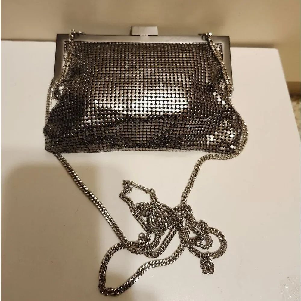 NEW Whiting & Davis Gunmetal Metal Mesh Chevron Mini Crossbody Bag Ret. $199